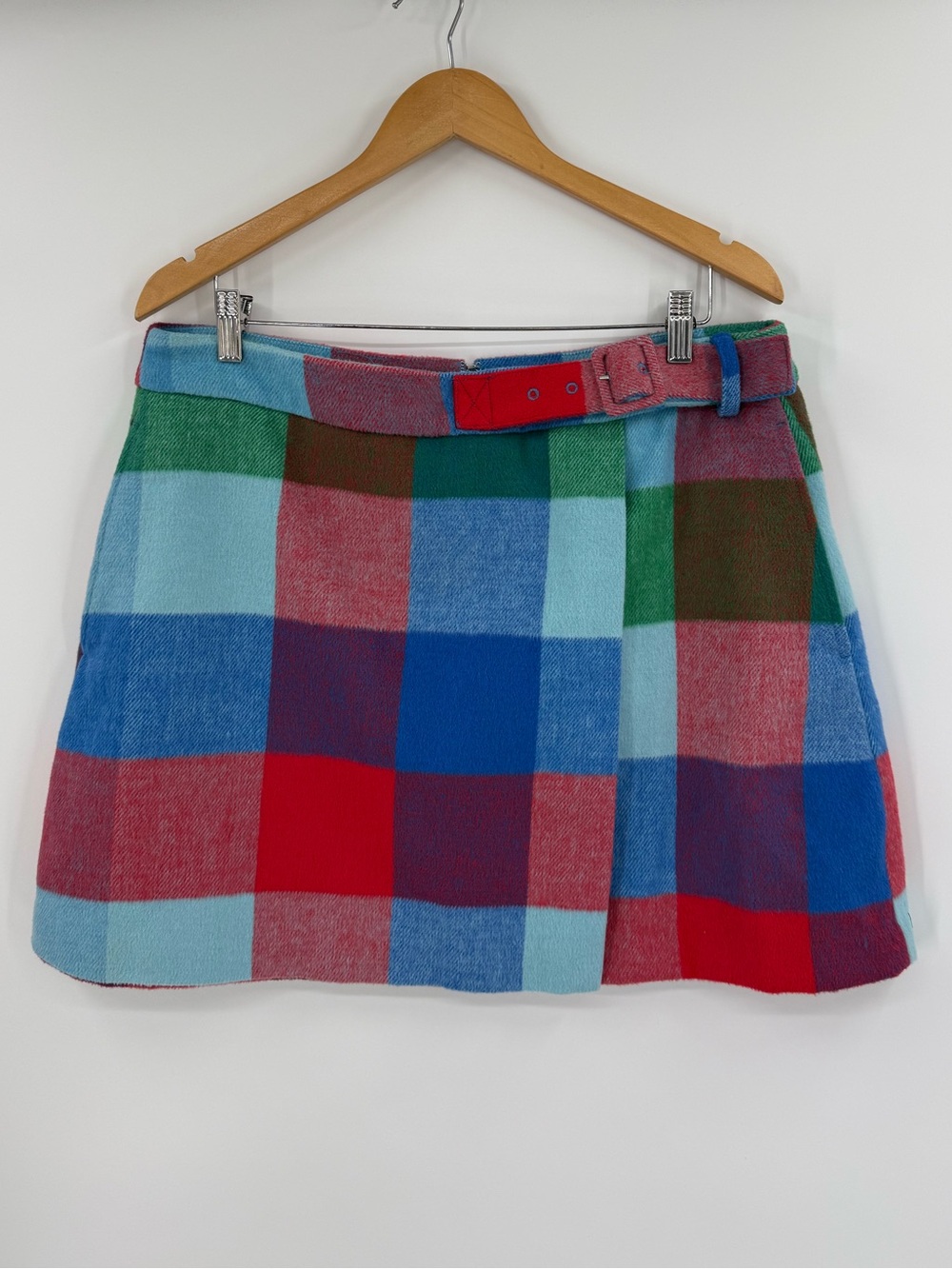 NWT Free Assembly Wrap Front Mini Skirt | Large Check Frosted Blue | 14